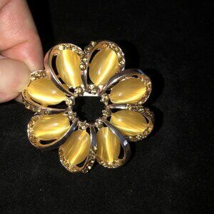 Vintage Style Brooch Antiqued Gold Tone Round Opal Simulated Champagne